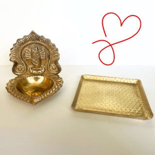 SET Linga Bhairavi Lamp Brass Devi Lamp + Forged Plate Stand