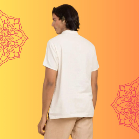 Men’s 100% organic cotton kurta with embroidered (Off - White) "Aum". Short sleeved short kurta.