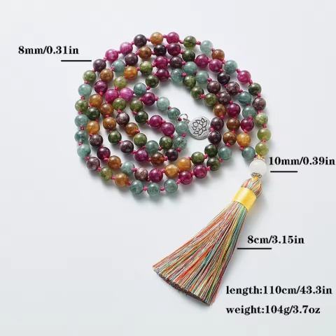 Japa Mala 108 – Multicolored Turmalin and the Lotus Symbol