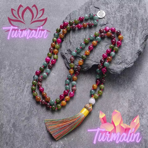 Japa Mala 108 – Multicolored Turmalin and the Lotus Symbol