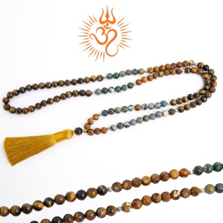 Akash Japa Mala 108 Yellow Tigers Eye, Indian Agat and Onyks