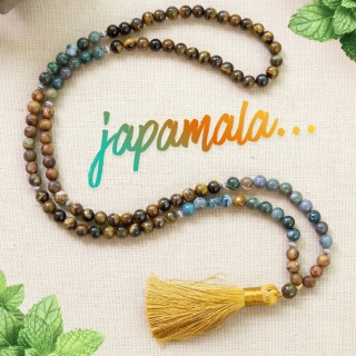 Akash Japa Mala 108 Yellow Tigers Eye, Indian Agat and Onyks