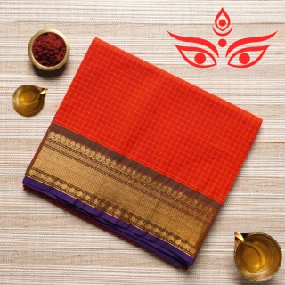 Saree Scarlet Red, Gold, & Deep Violet Consecrated Sari Cotton Devi BIG