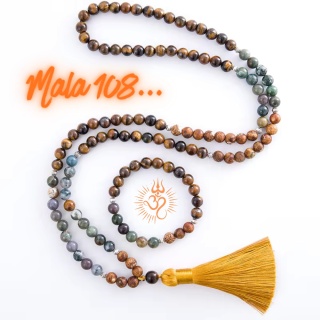 Japa Mala 108 Yellow Tigers Eye, Indian Agat and Onyks