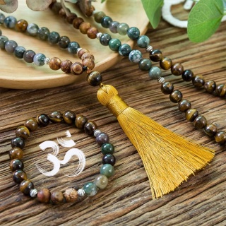 Japa Mala 108 Yellow Tigers Eye, Indian Agat and Onyks